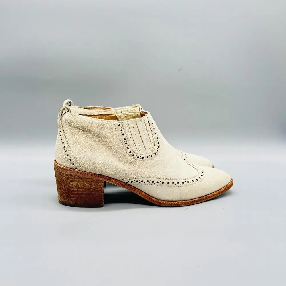 Madewell Boots Womens 8 White Suede Grayson Brogue Chelsea Ankle Block Heel